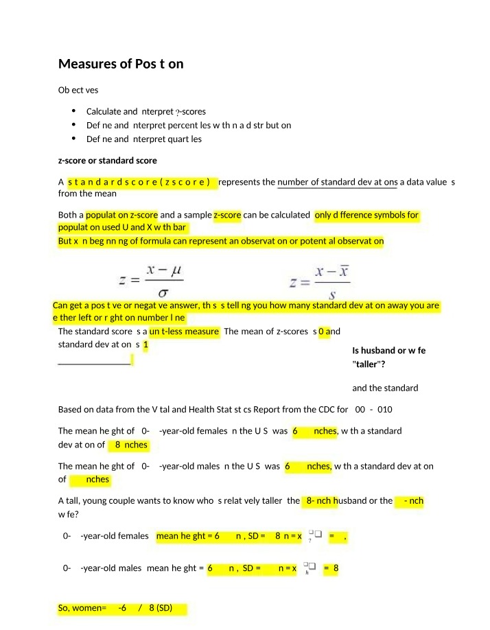 z-scores Calculation - Measures of Position