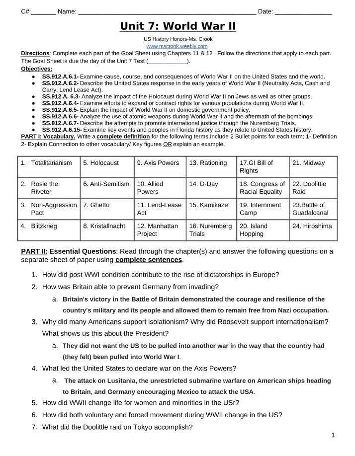 World War II - Unit 7 Goal Sheet
