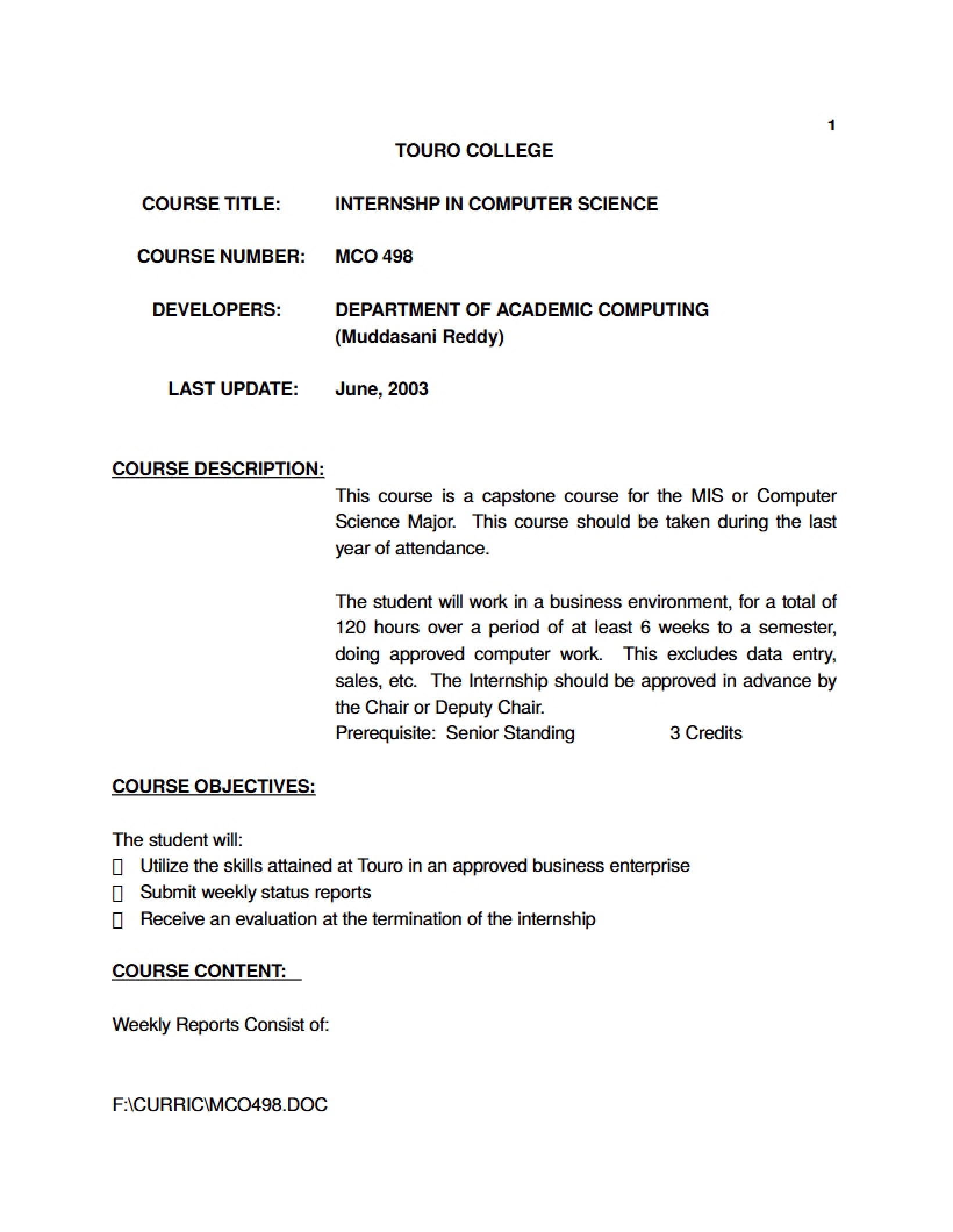 CS Internship Syllabus