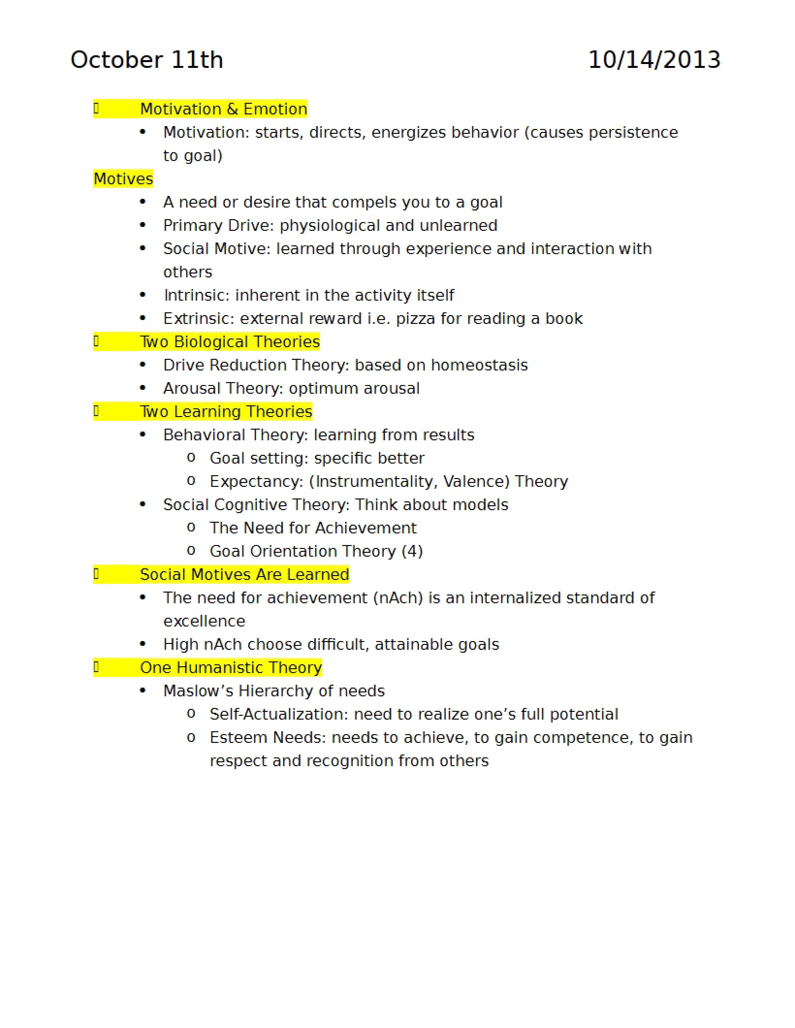 Psychology Class Notes Oct 1
