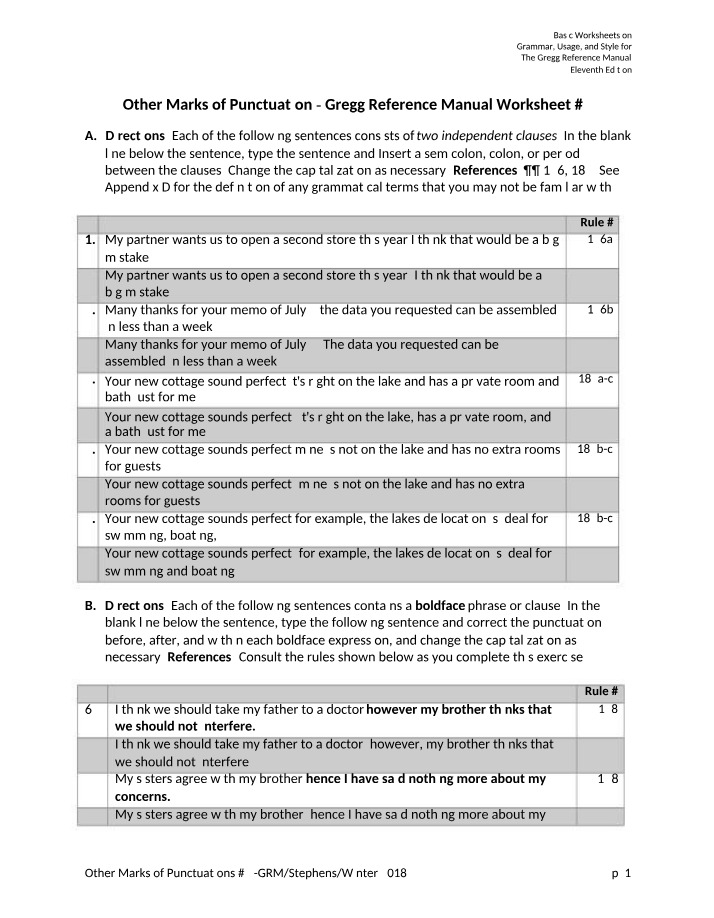 Gregg Reference Manual Worksheet 5 - Other Marks of Punctuation