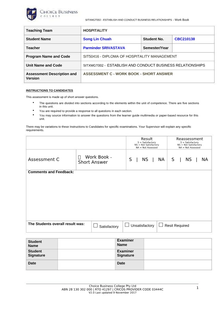 Work Book for SITXMGT002 Establish and Conduct Business Relationships