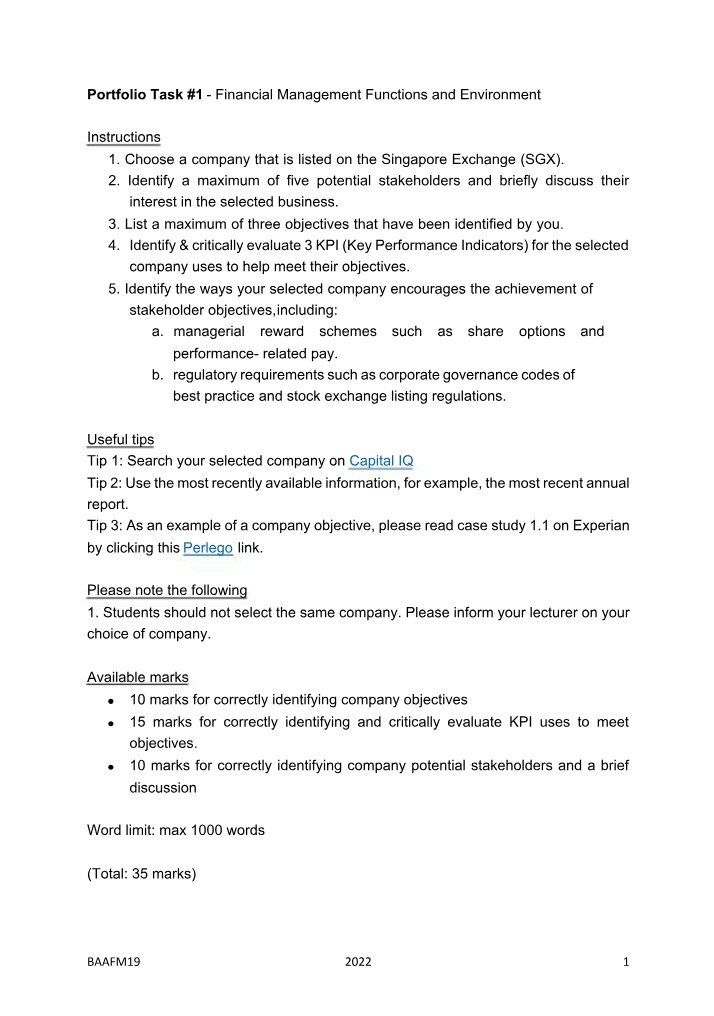 Financial Management Functions and Environment - Portfolio Task 1