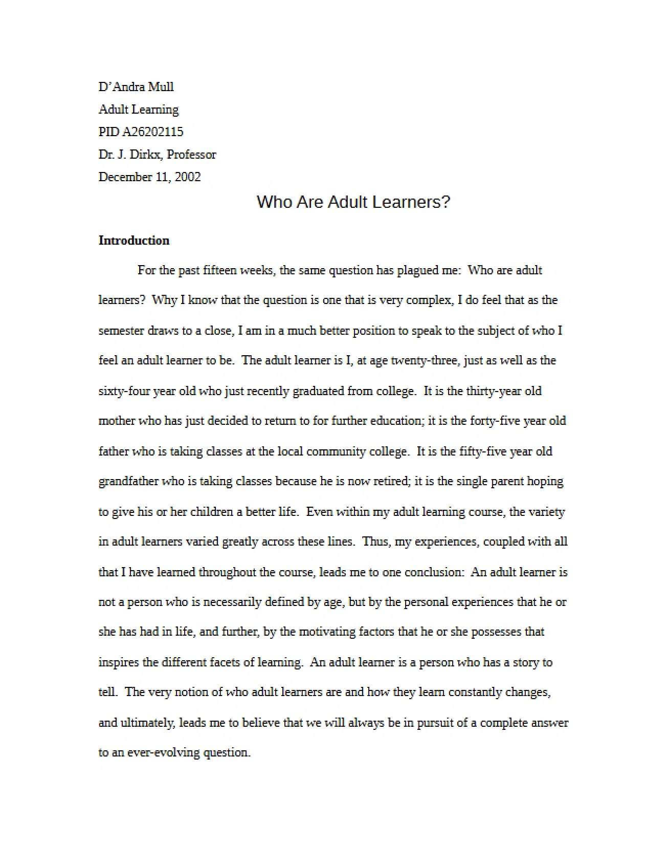 Adult Development and Learning Notes