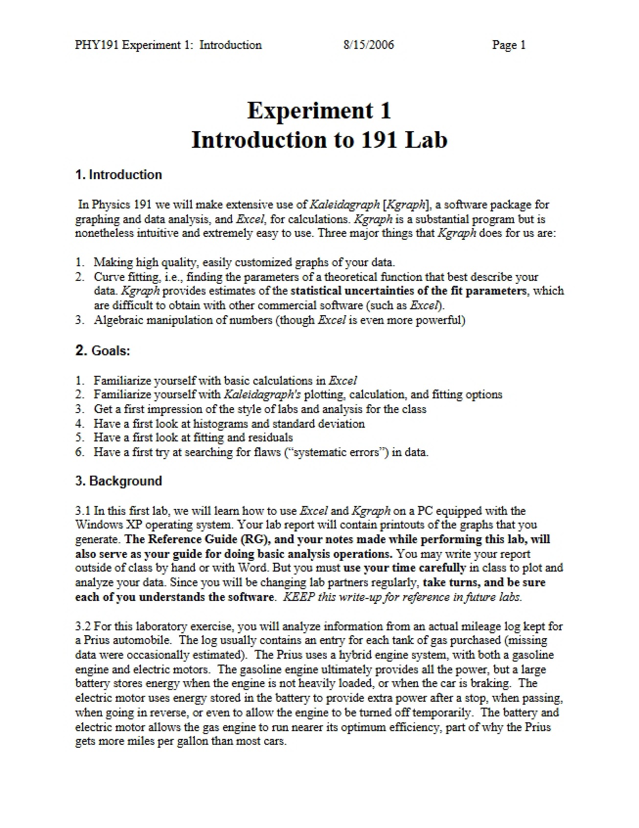 Introduction to Lab 191 (Experiment 1)