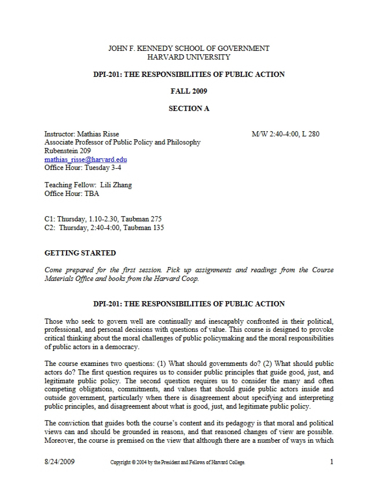 Syllabus and Study Questions for Responsibilities of Public Action