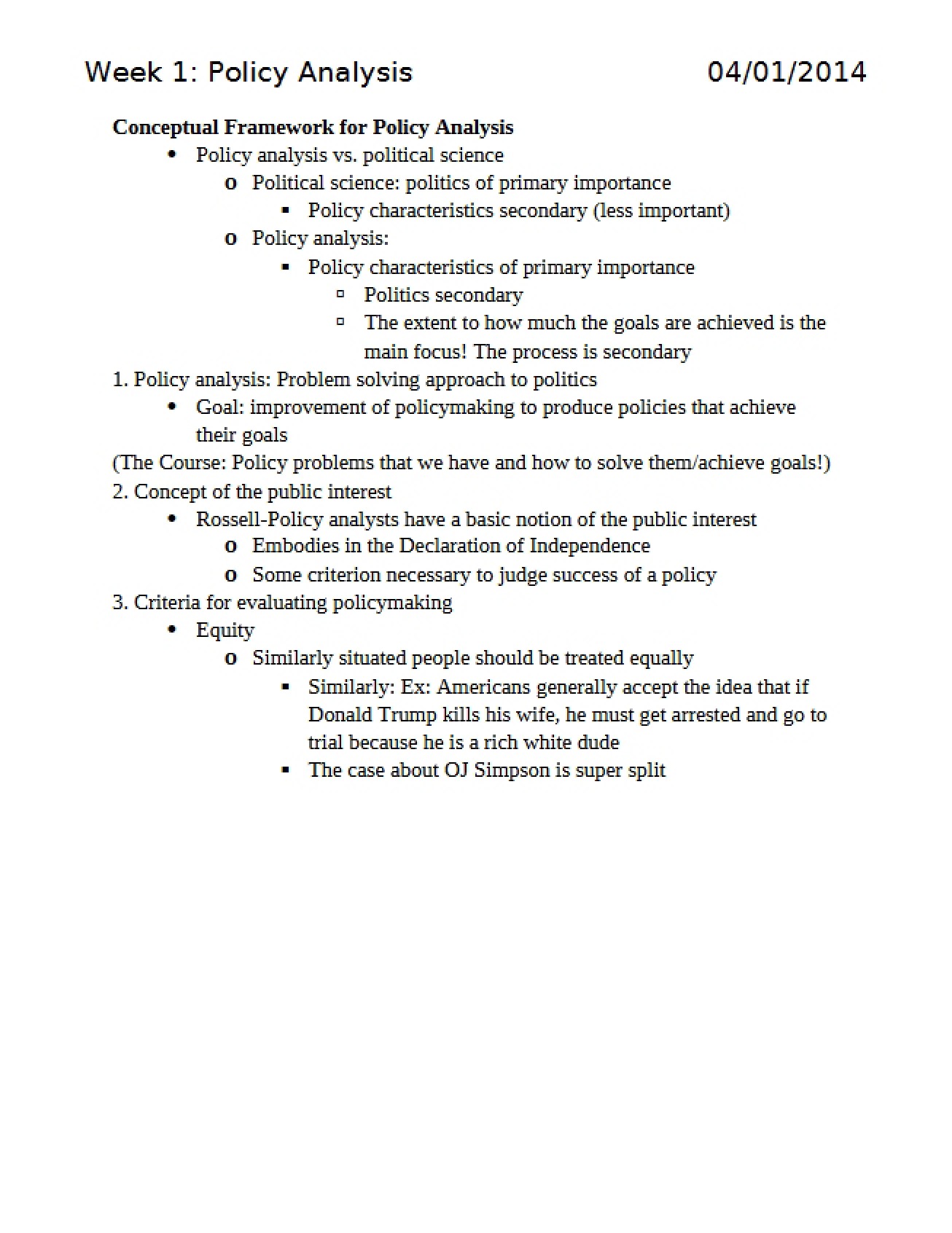 Week One An Introduction to Policy Analysis