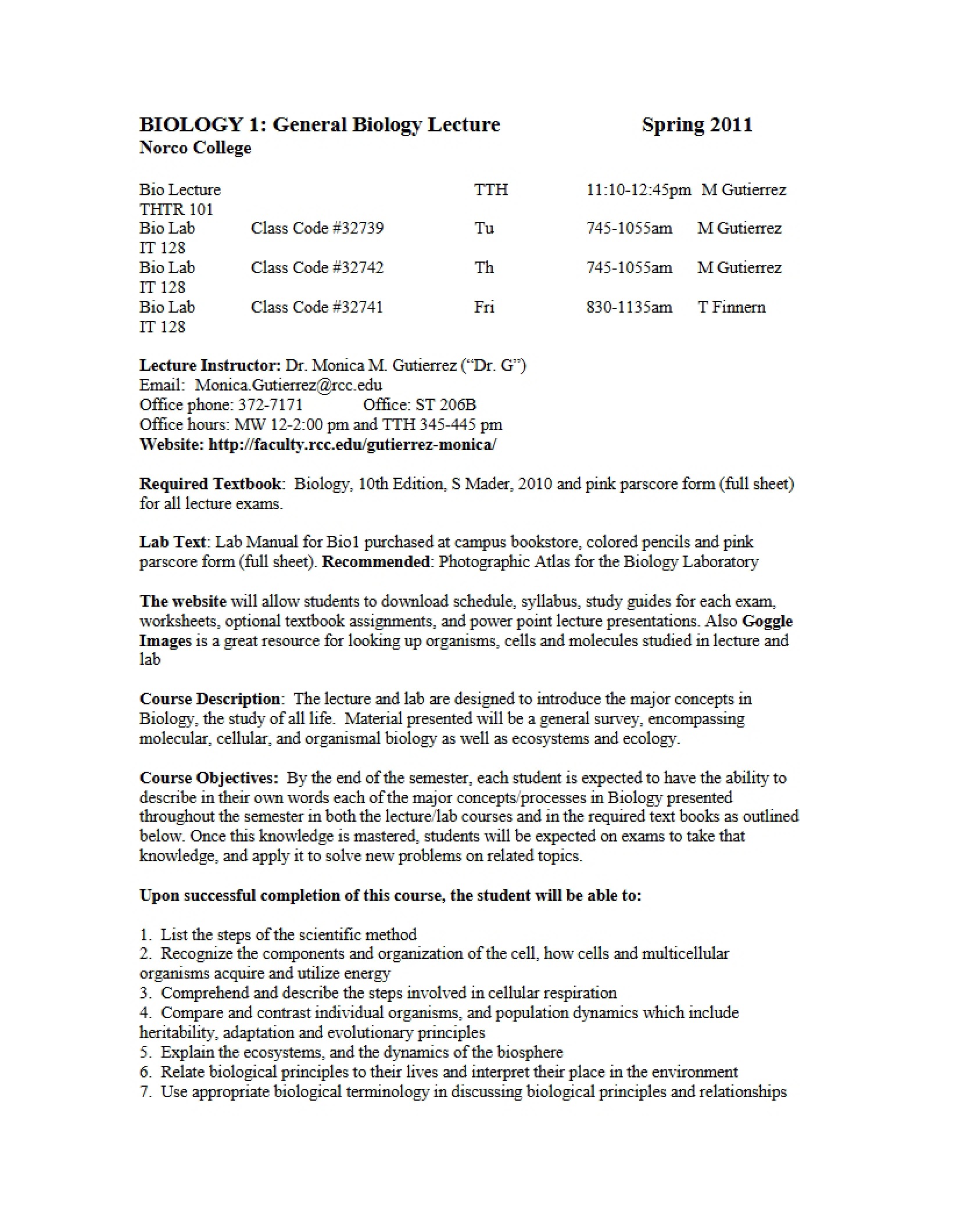 Syllabus for General Biology - BIO 1