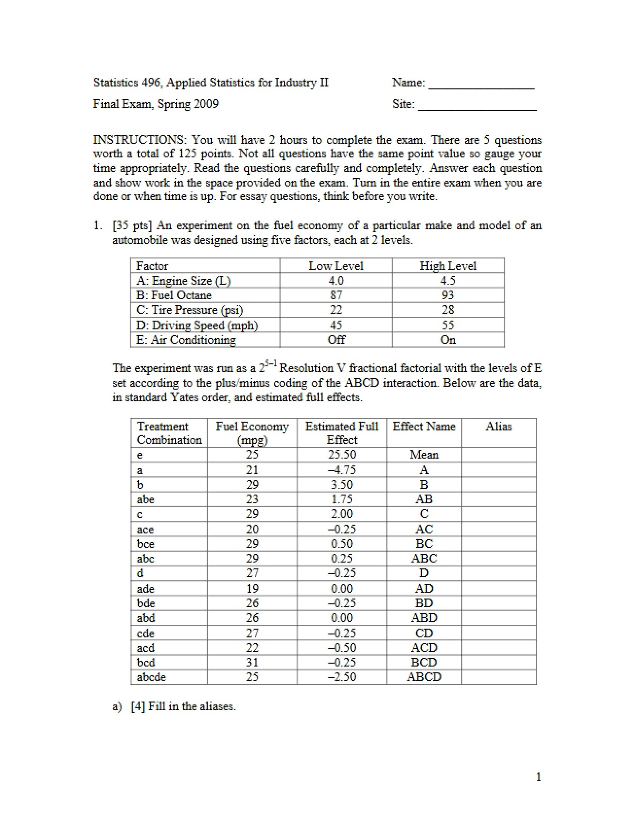 Final Examination from 2009 in Applied Statistics