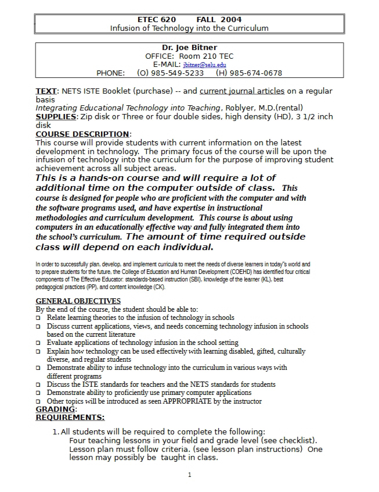 Second Syllabus for a Course on the Infusion of Technology into Professional Practice