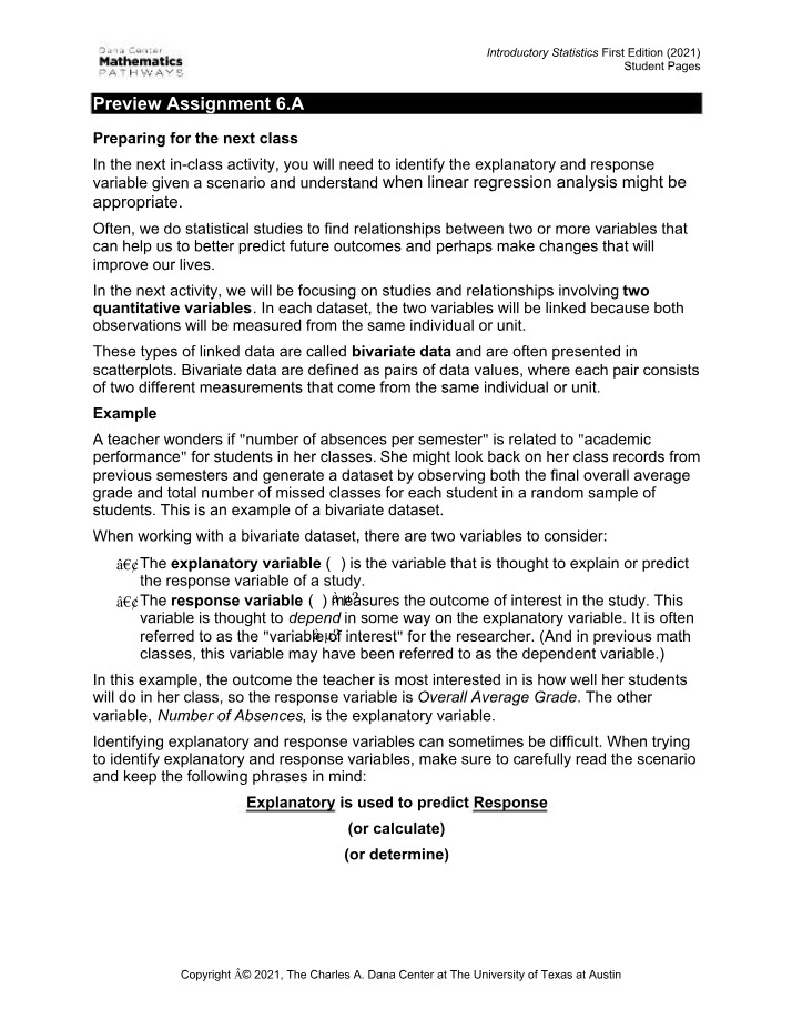 Bivariate Data - Identifying Explanatory Variables