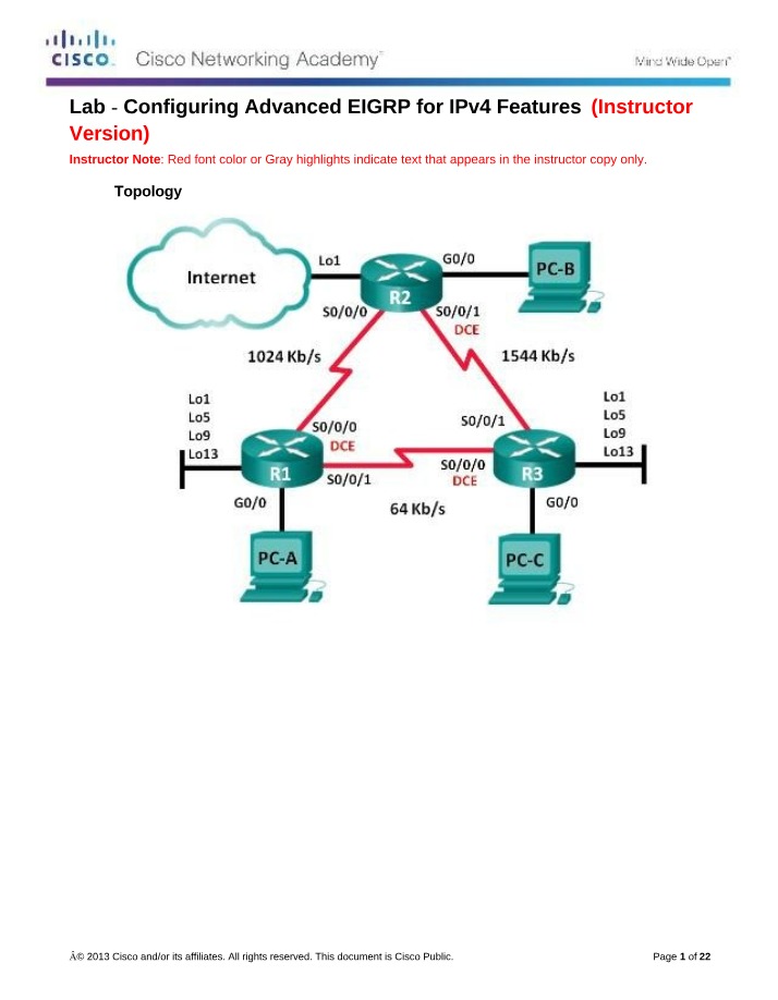 Advanced EIGRP for IPv4 Features - Lab Guide