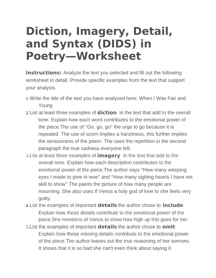 Diction, Imagery, Detail, and Syntax in Poetry Worksheet
