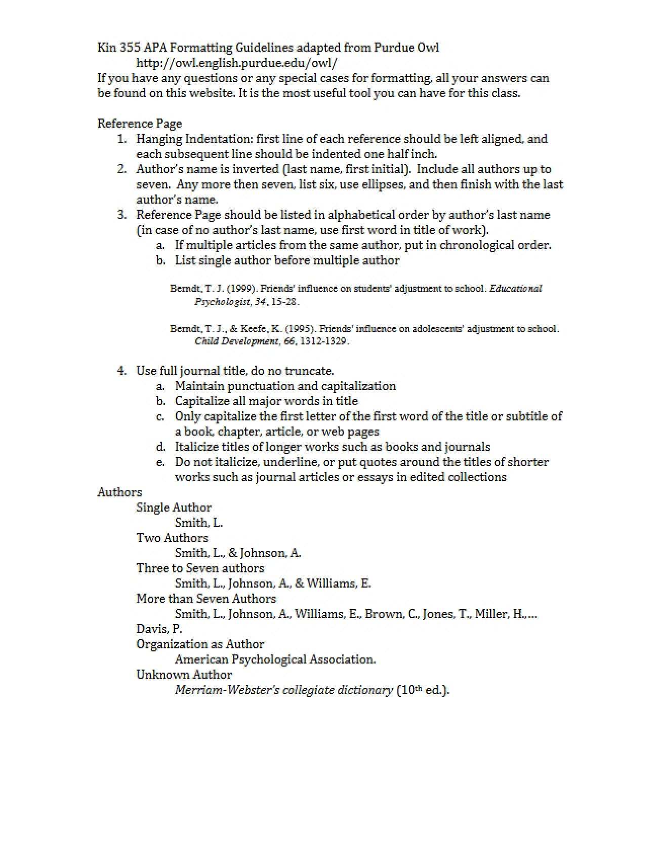Reference Sheet for APA Guidelines