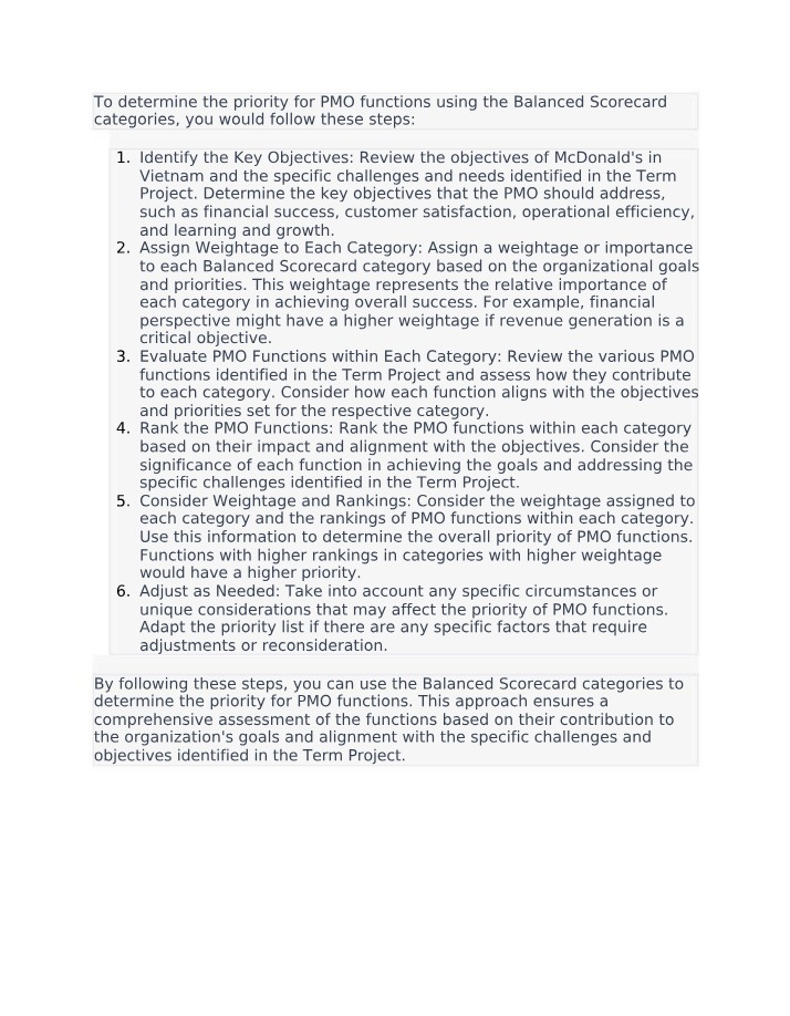 Prioritizing PMO Functions Using Balanced Scorecard Categories