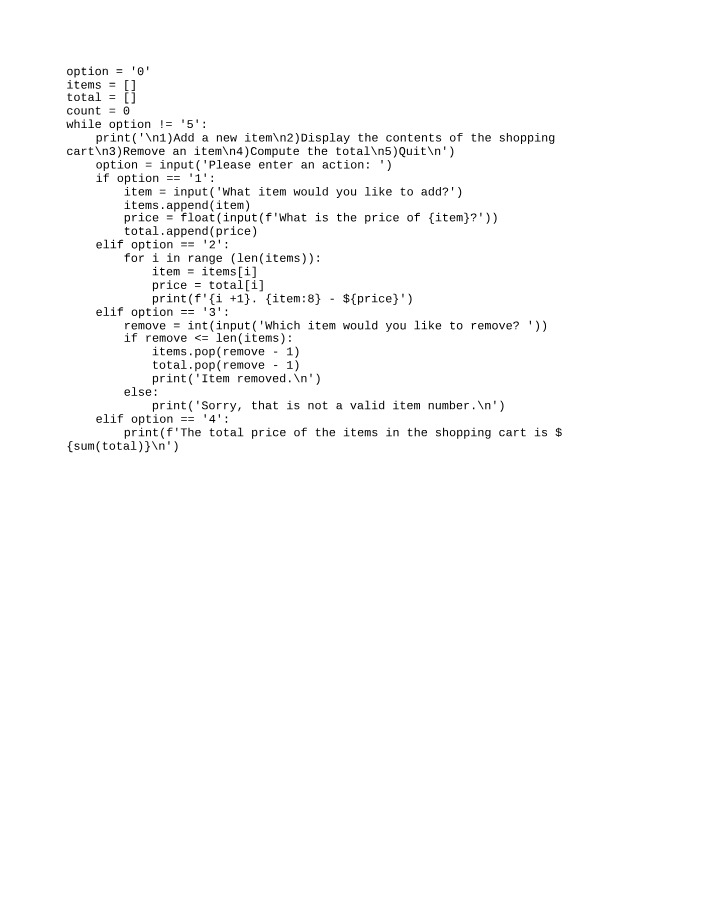 Shopping Cart Management - Add, Display, Remove, and Calculate