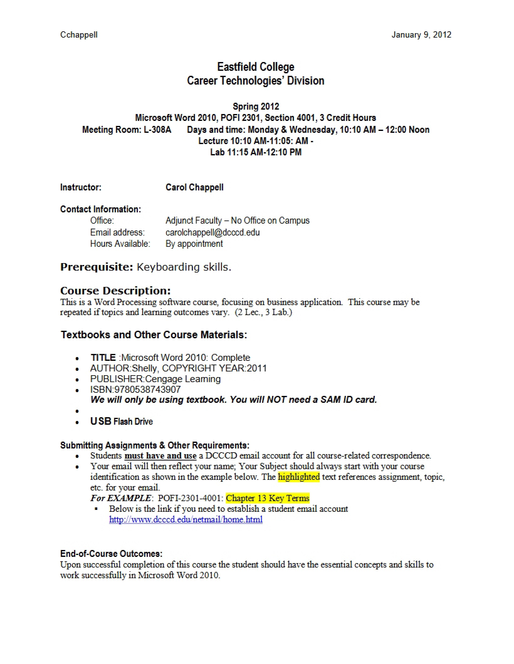 Word 2013 Class Syllabus - 7 Pages