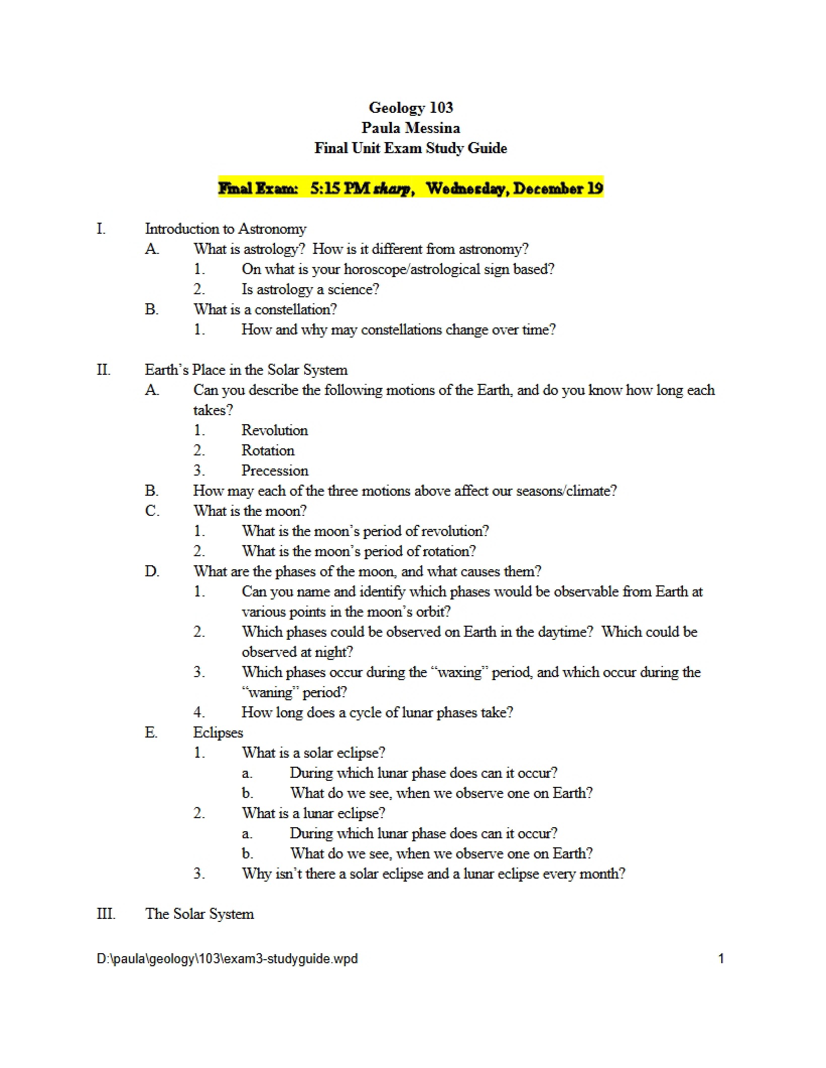 Study Guide for Third Exam