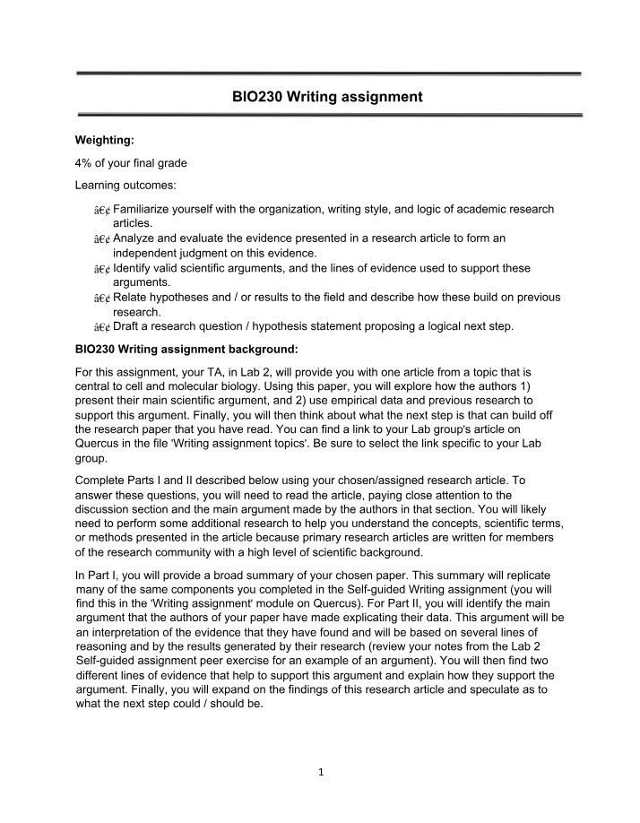Writing Assignment for BIO230