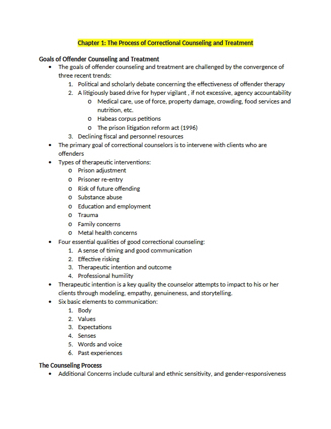 Counseling and Treatment Process in Corrections Chapter One