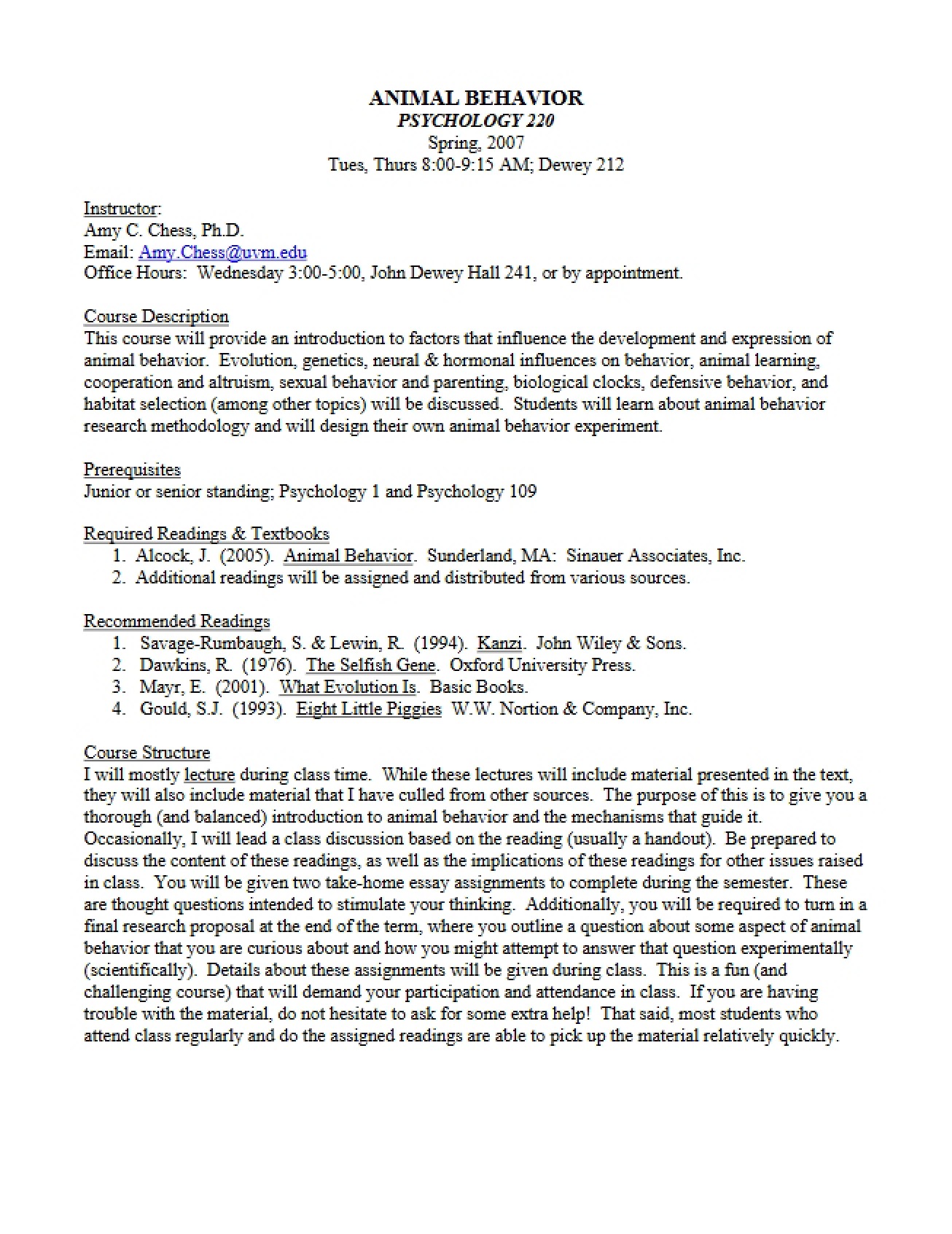 Syllabus for Animal Behavior