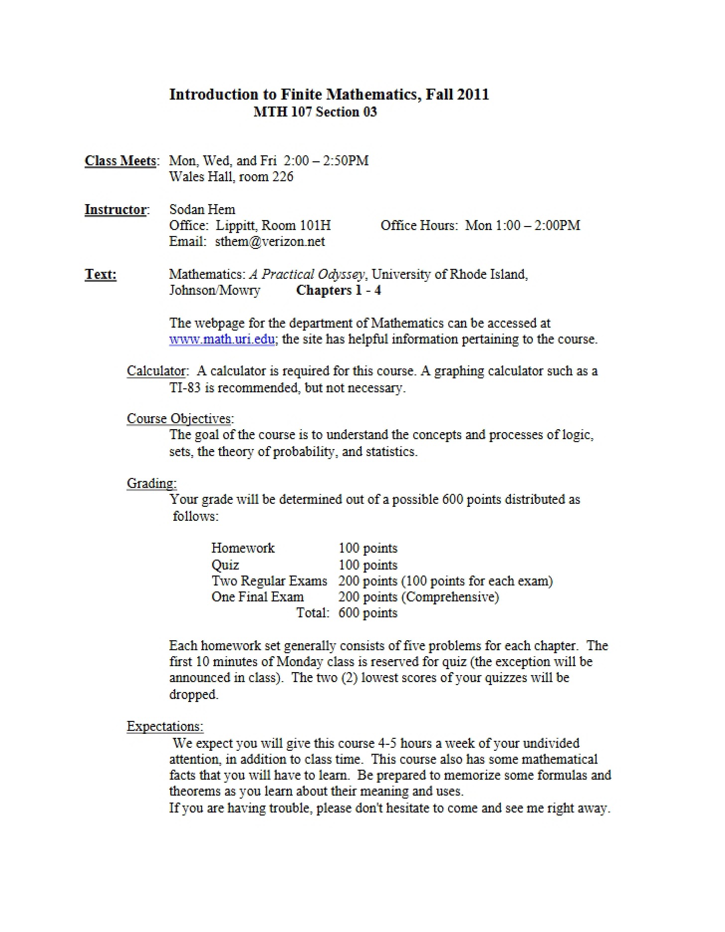 Syllabus Finite Mathematics Intro