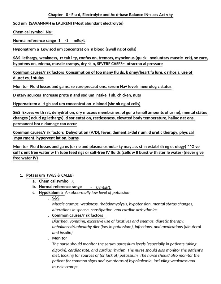 Fluid, Electrolyte, and Acid-Base Balance - Chapter 40 In-Class Activity