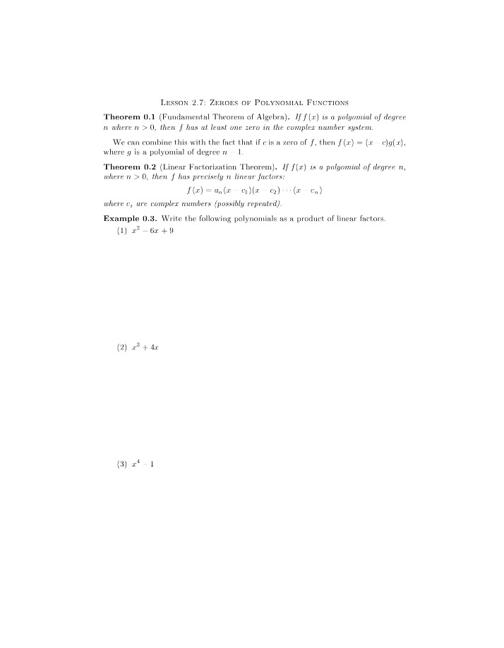 Zeroes of Polynomial Functions - Lesson 2.7