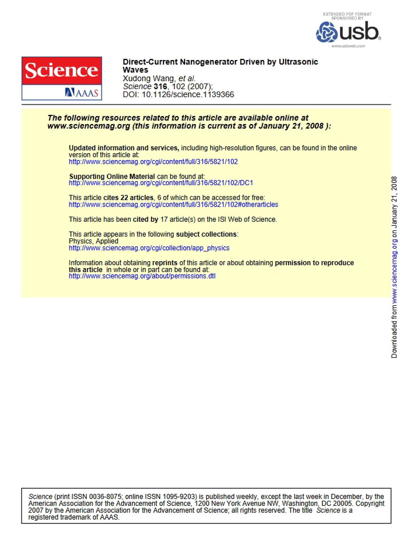Ultrasonic Wave-Driven Direct-Current Nanogenerator