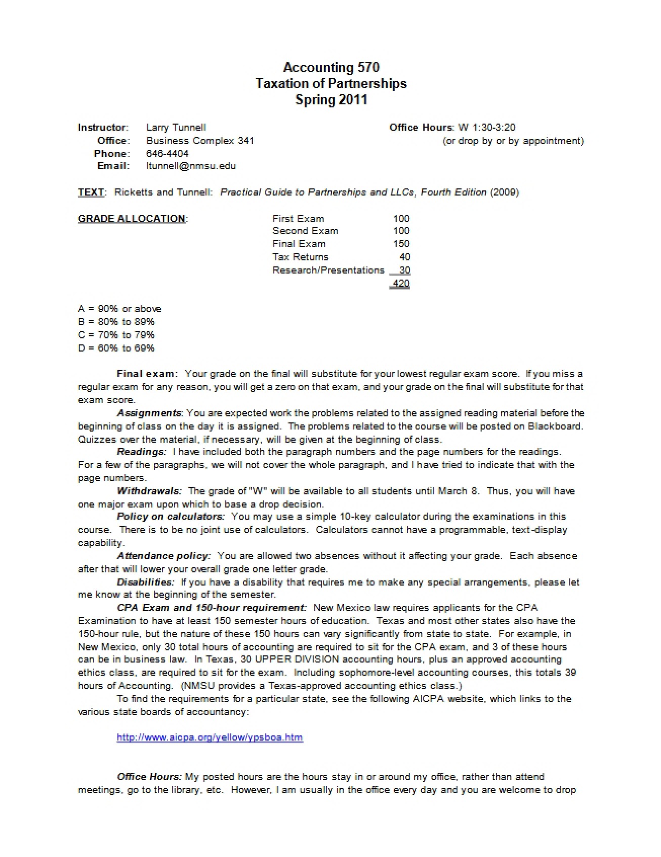 Taxation of Partners Syllabus from Spring 2011 by Dr. Larry Tunnell