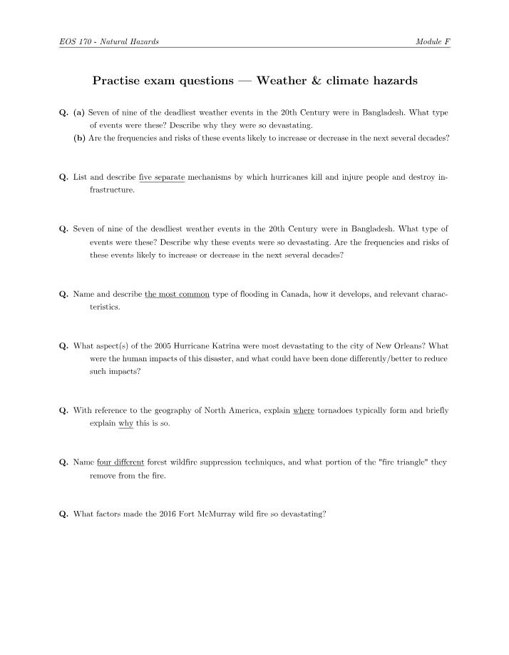 Weather and Climate Hazards - Exam Questions