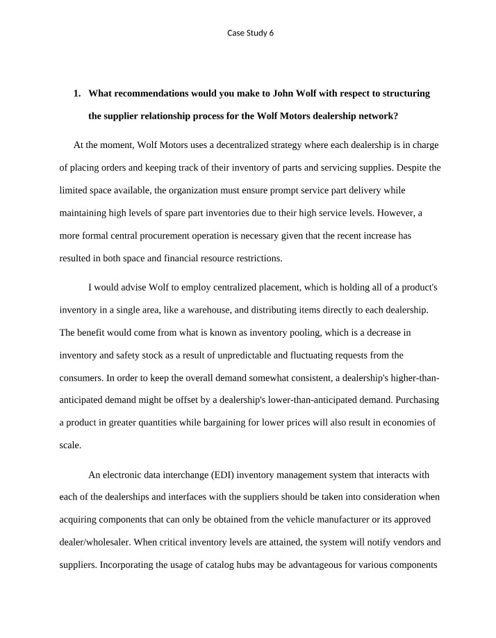 Wolf Motors Supplier Relationship Optimization - Case Study 6