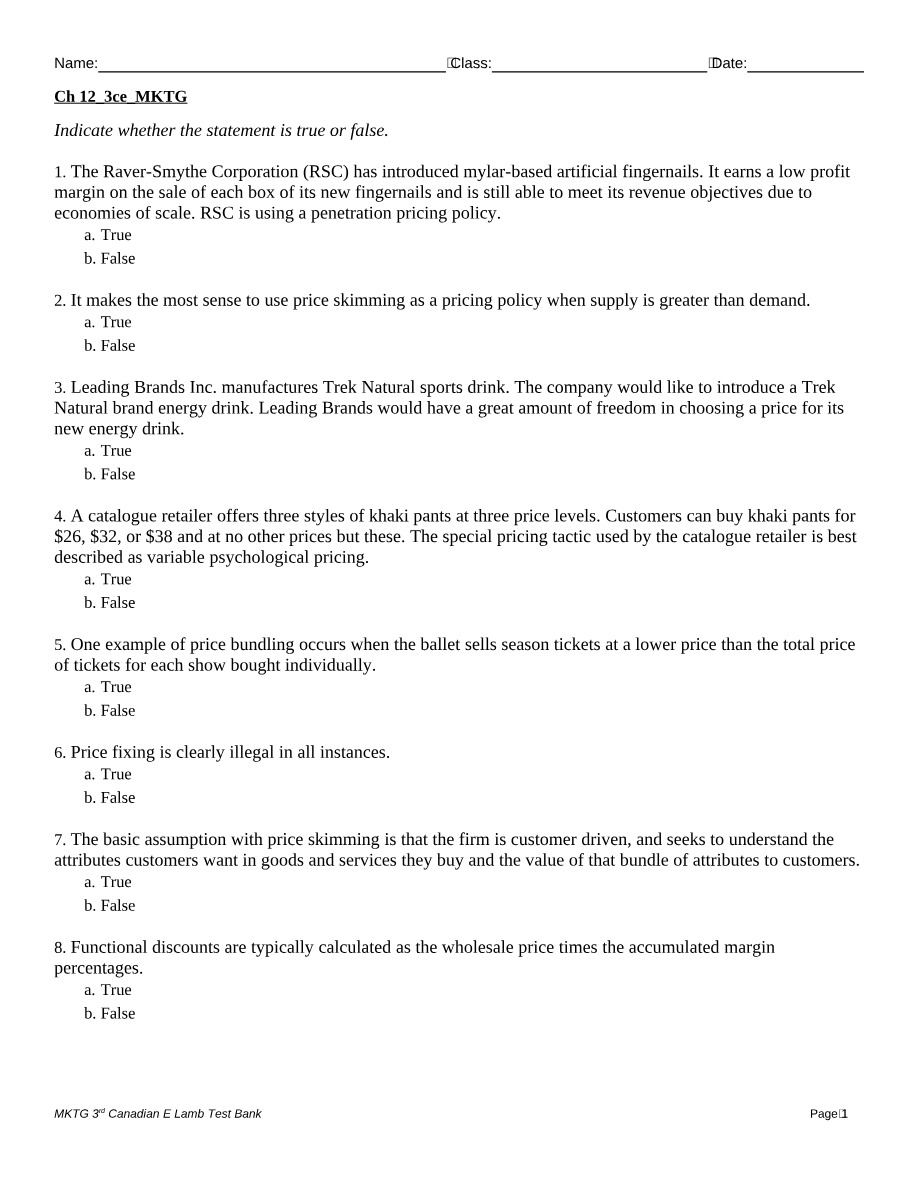 Test Bank for MKTG (3rd Canadian Edition by Lamb)