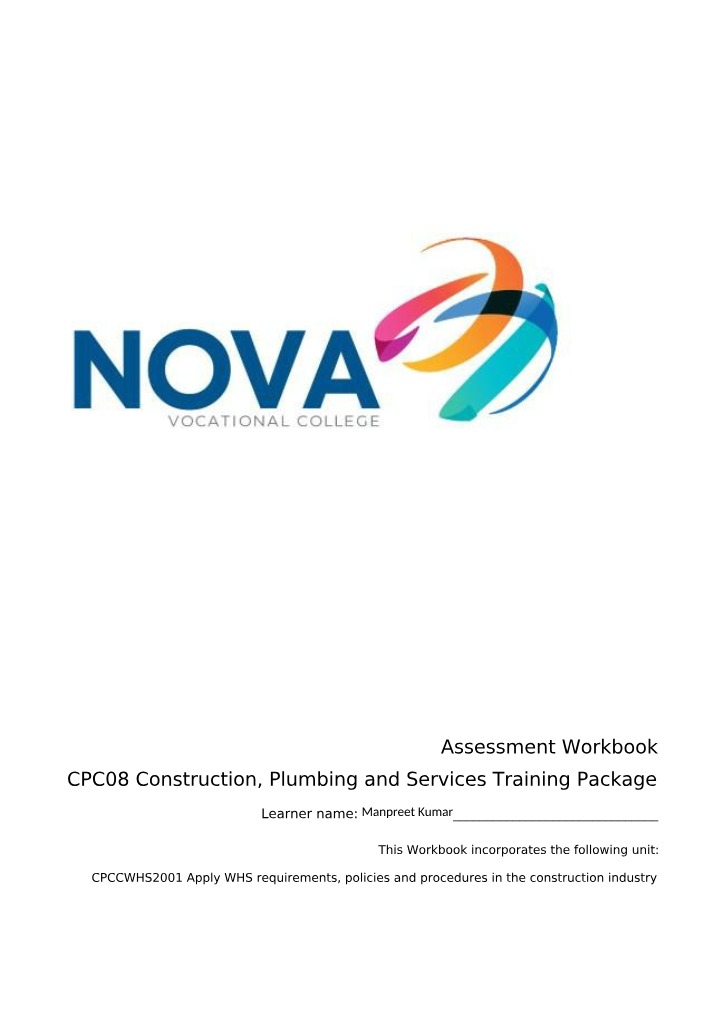 Construction Assessment Workbook - Applying WHS Requirements