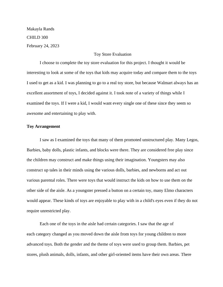 Toy Store Evaluation - CHILD300