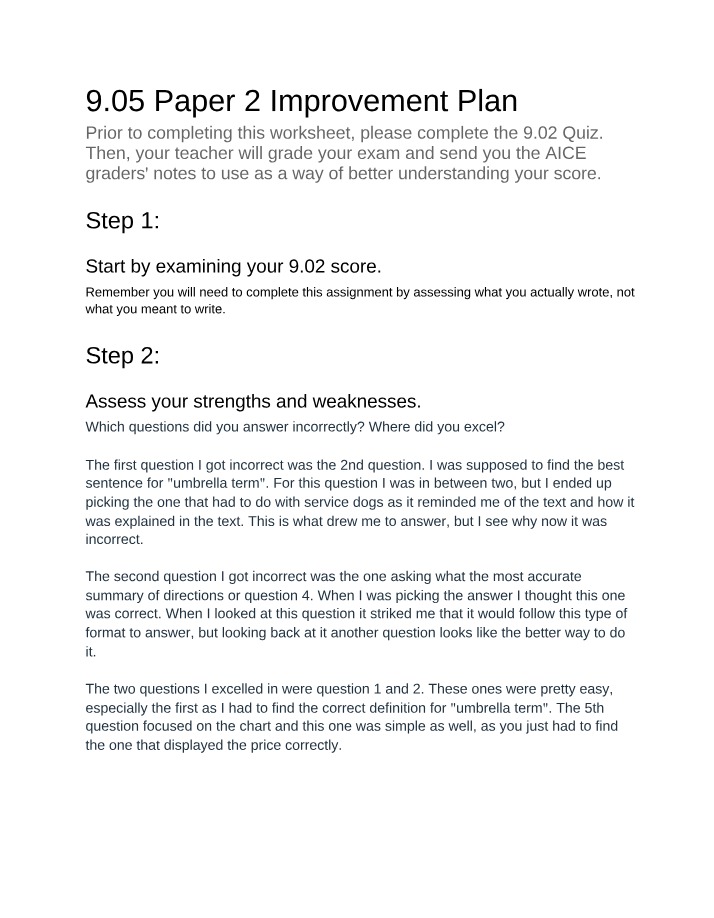 9.05 Paper 2 Improvement Plan Section Two