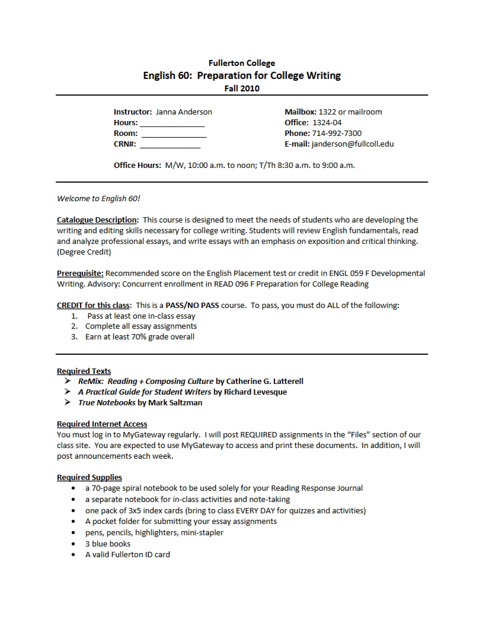 Prep for College Writing Syllabus