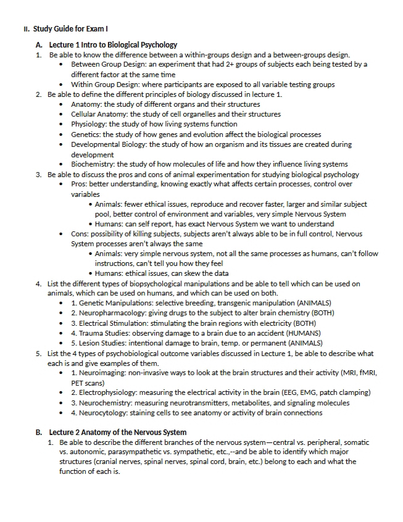 First Study Guide for Biological Psychology