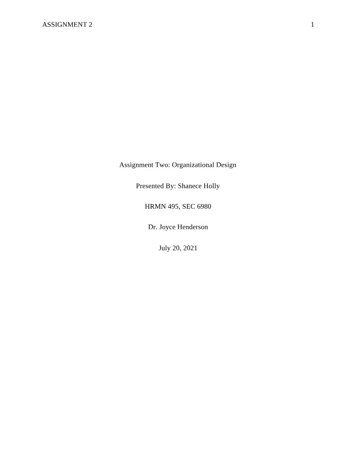 Organizational Design - HRMN 495 Assignment Two