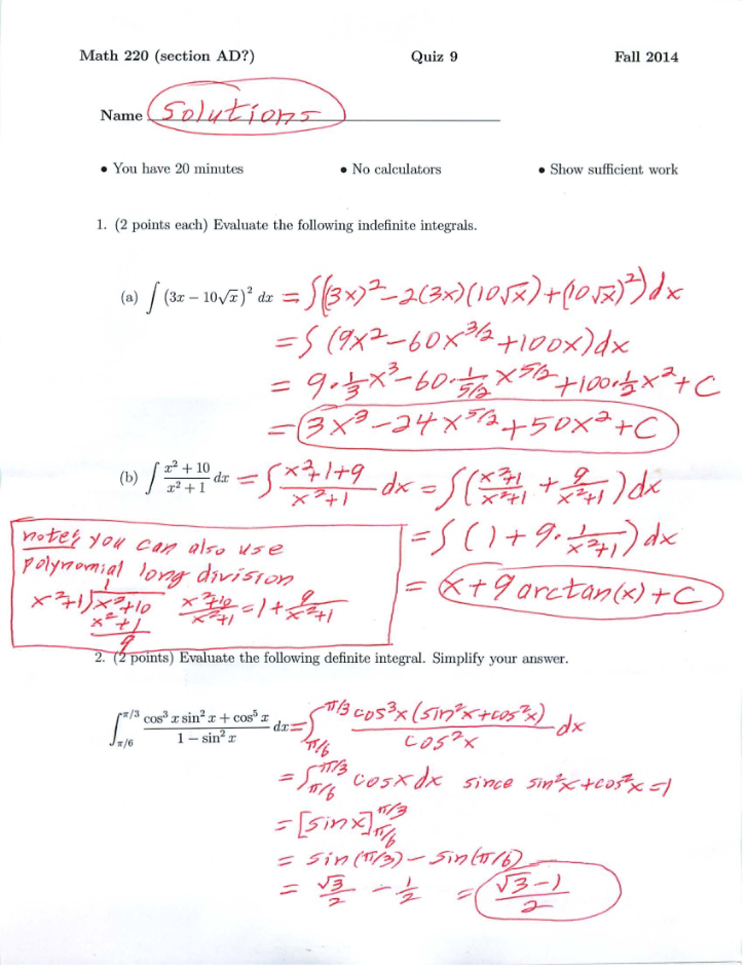 Solutions for Quiz 9