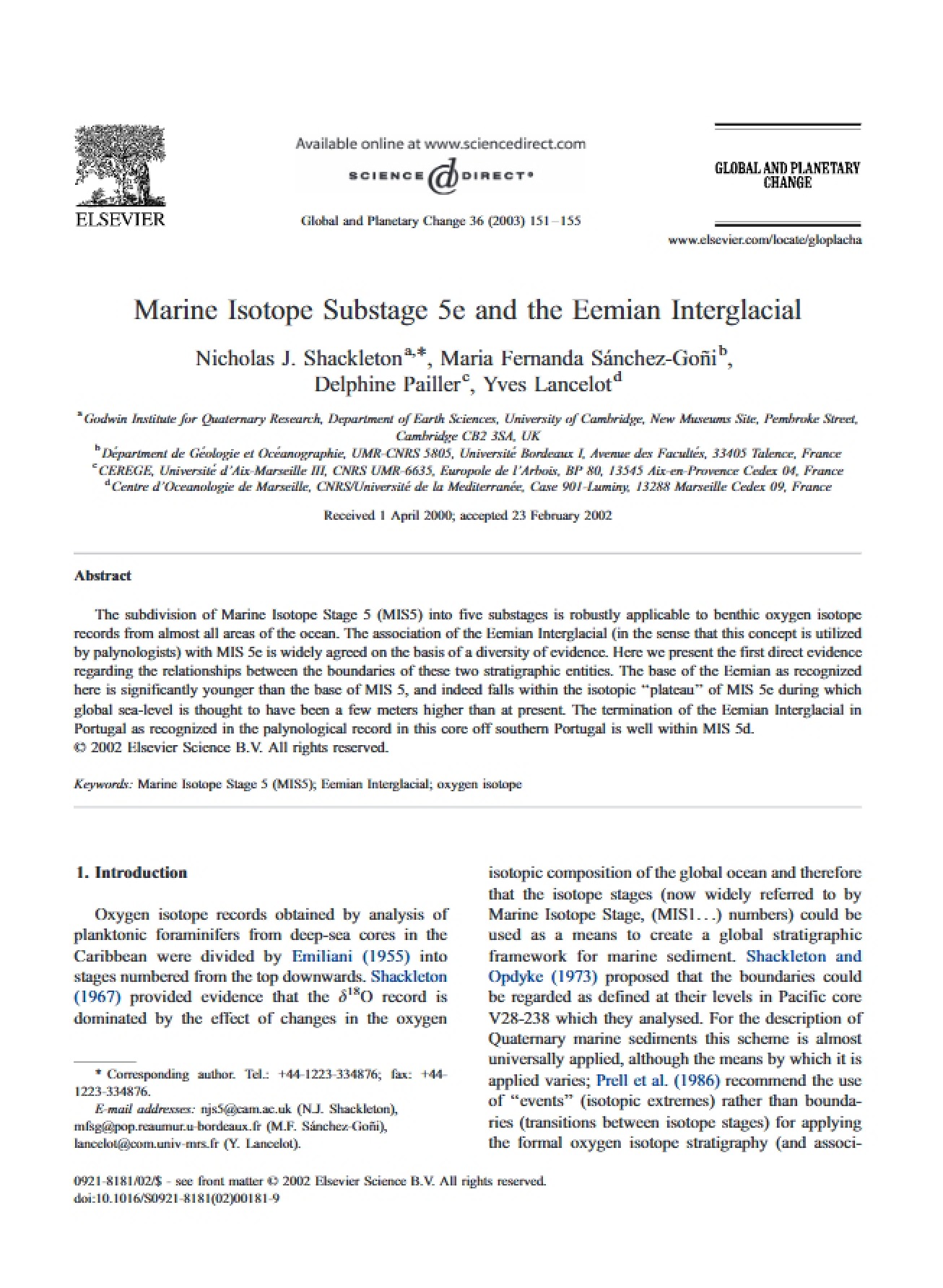 Marine Isotope Substage 5e and the Eemian Interglacial