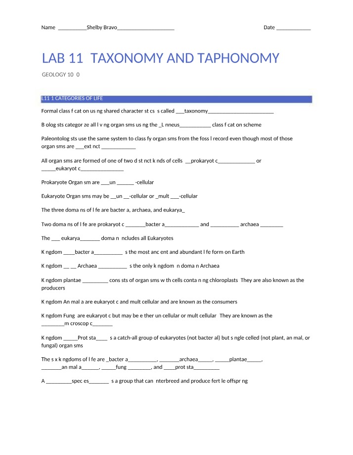 Categories of Life and Fossil Formation - Taxonomy and Taphonomy