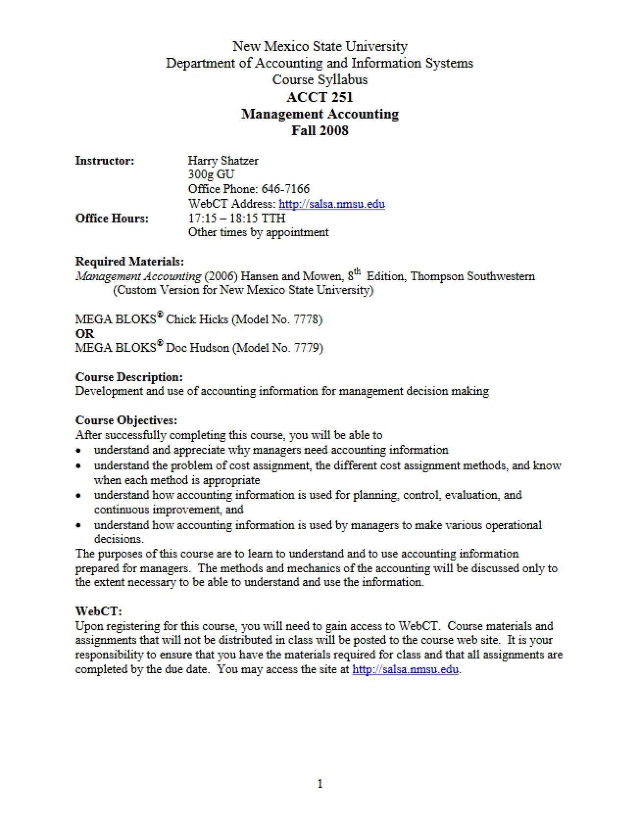 Syllabus for Management Accounting