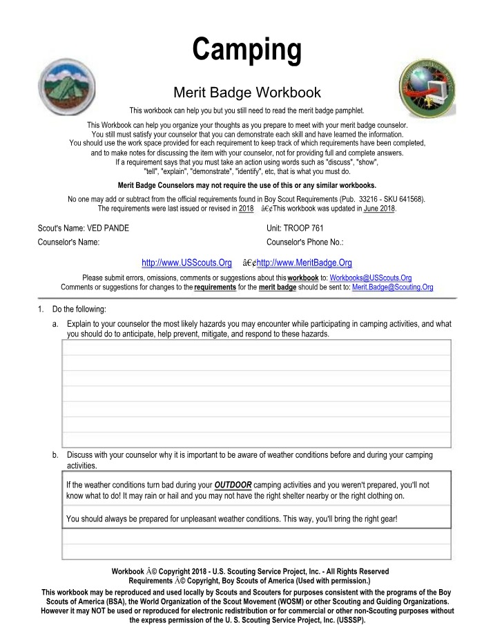 Workbook for Camping Merit Badge