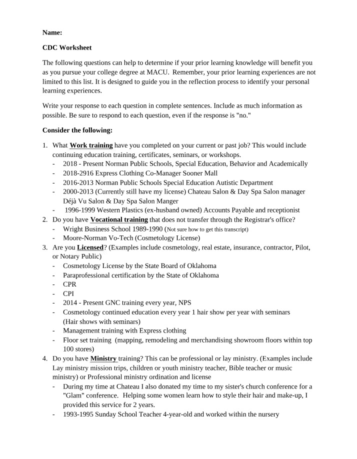 Worksheet on CDC