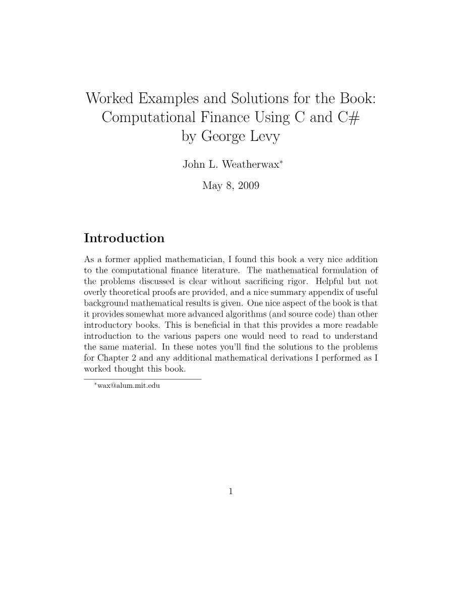 Worked Examples and Solutions for Computational Finance Using C and C#