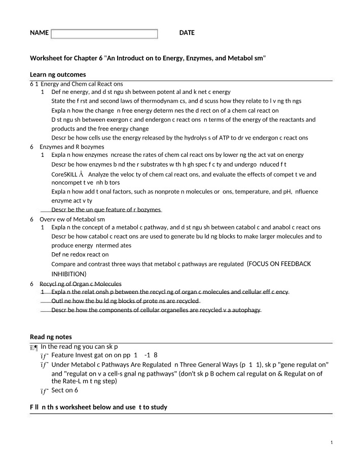 Worksheet on Energy, Enzymes, and Metabolism