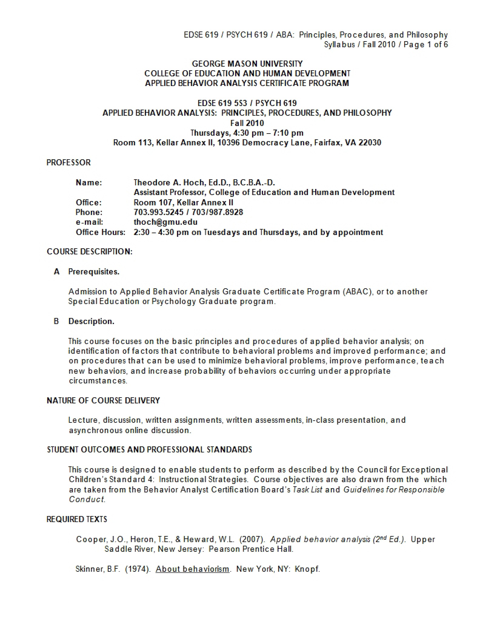 Applied Behavior Analysis Principles Syllabus
