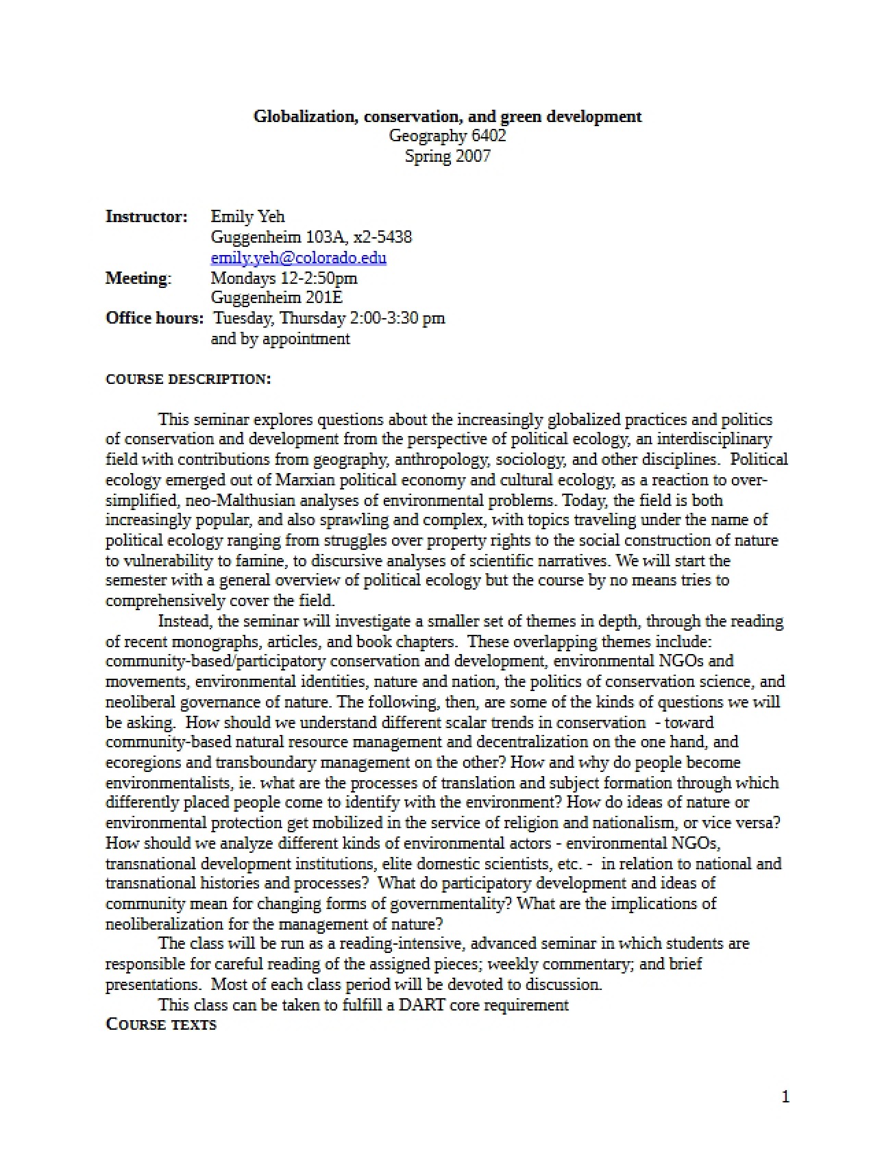 Comparative Environmental Studies Seminar Syllabus
