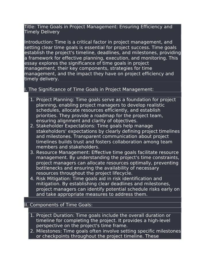 Project Management Time Goals - Efficiency and Timely Delivery